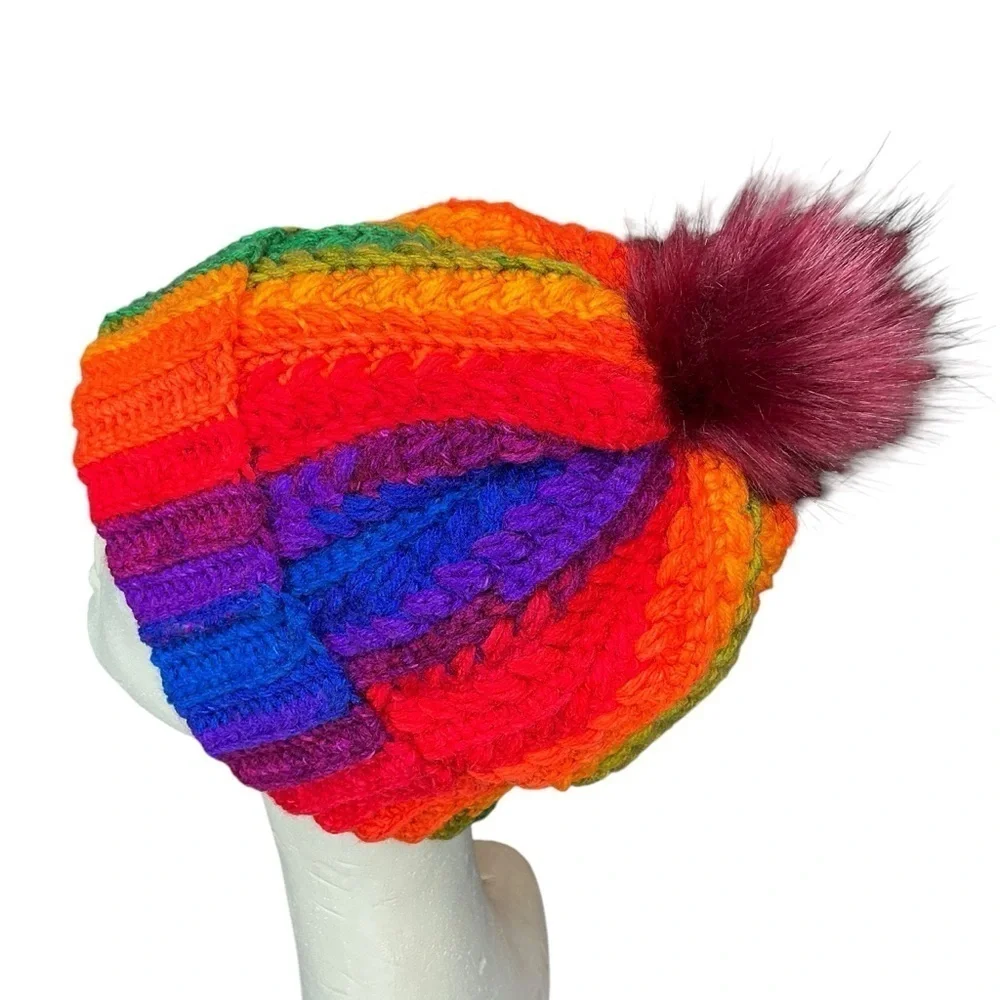 Handcrafted Crochet Multicolor Winter Hat Snowy Wheat Knit Beanie with Pom Pom